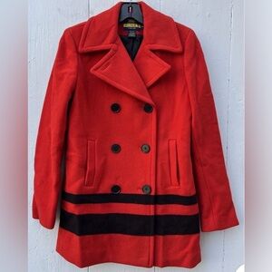 Rugby Ralph Lauren red pea coat with black stripes. Fixable flaw - button. L!
